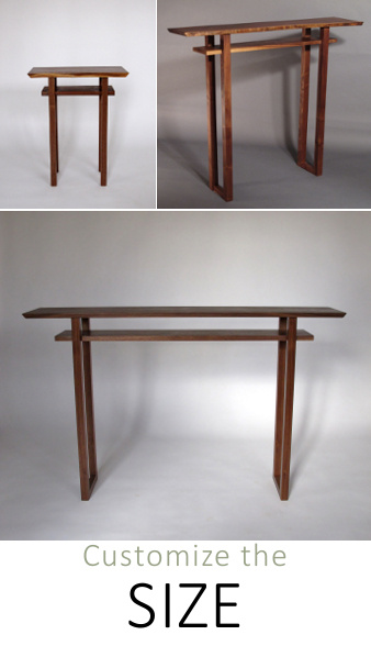 Easily customize our Classic Collection. Solid wood tables in walnut cherry and tiger maple available with live edge table tops and unique hand-cut dovetail feet. Modern wood furniture for small spaces